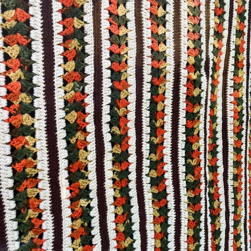 Crochet Afghan Vintage Mile a Minute Stitch 70's 80's Olive Orange Gold 48